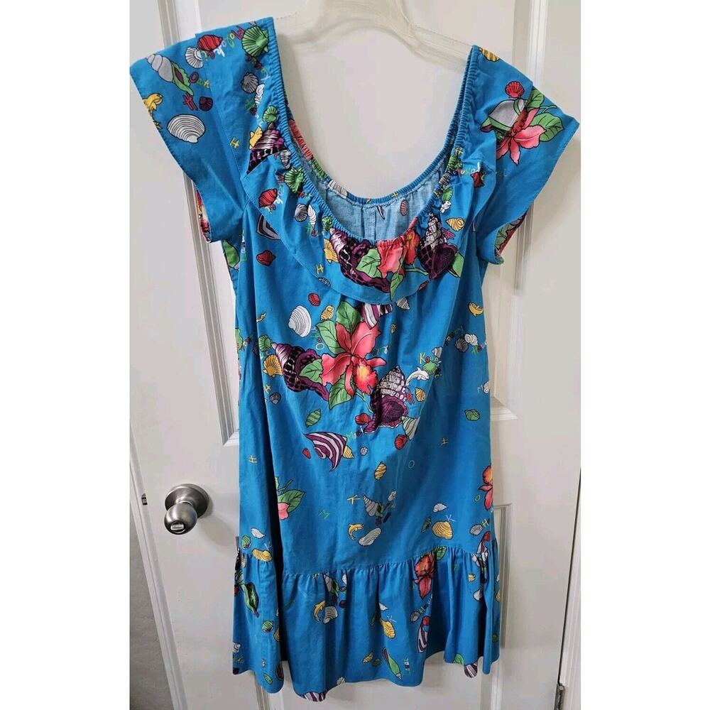 Hilo Hattie Vintage Hawaiian dress Off Shoulders Blue Floral fish Seashells Med